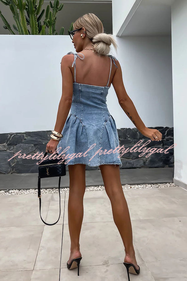 Sweet and Unique Washed Denim Center Front Zipper Stretch Mini Dress