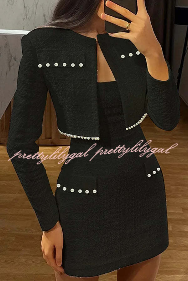 Stylish Sleeveless Tweed Sexy Slim Fit Pearl Embellished Mini Dress