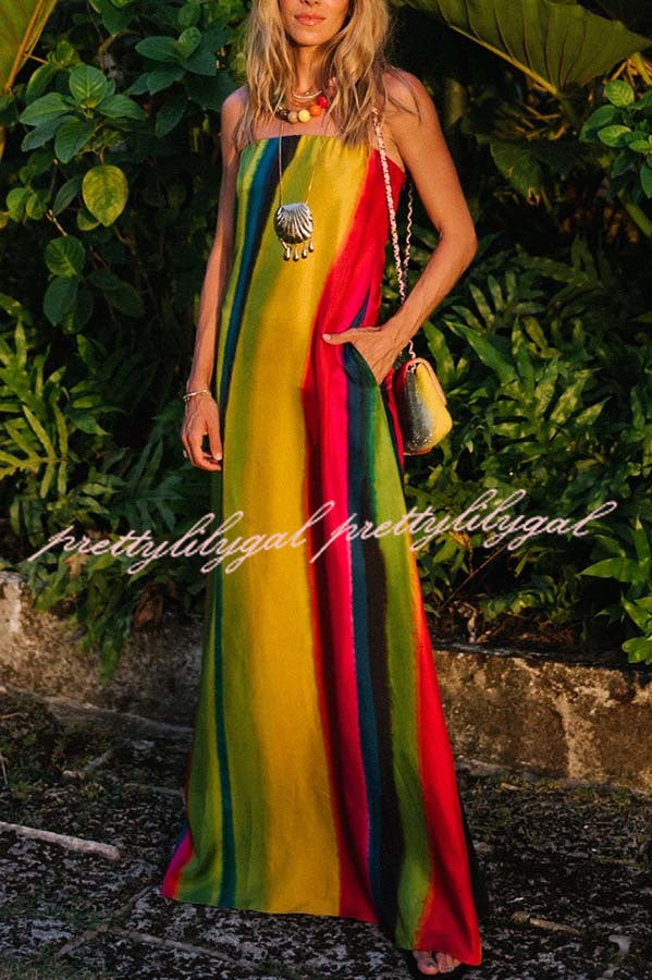 Artistic Rainbow Satin Watercolor Print Off Shoulder Pocketed H-line Maxi Dress