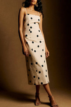 Rosie Linen Blend Polka Dot Square Neck Back Smocked Slit Midi Dress