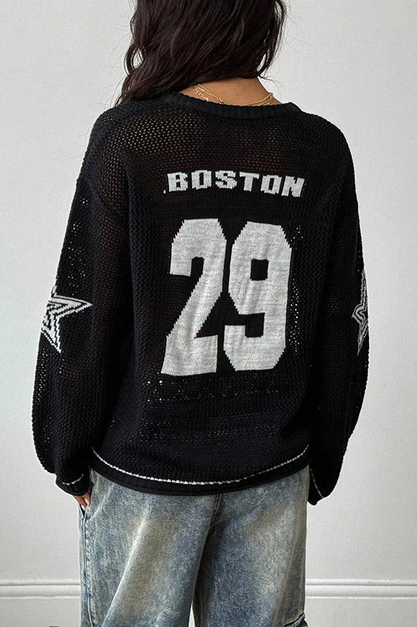 Number 29 Pattern Fashion Casual Street Trend Printed V-neck Long-sleeved Knitted Sweater