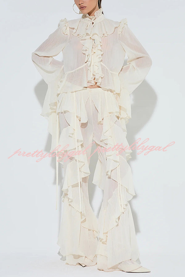 Fashionable Ruffled Elastic Waist Holiday Style Flared Pants