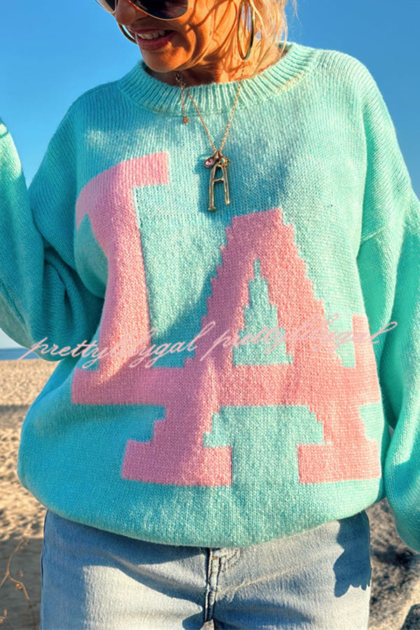 Letter Pattern Crew Neck Long Sleeve Loose Knit Sweater