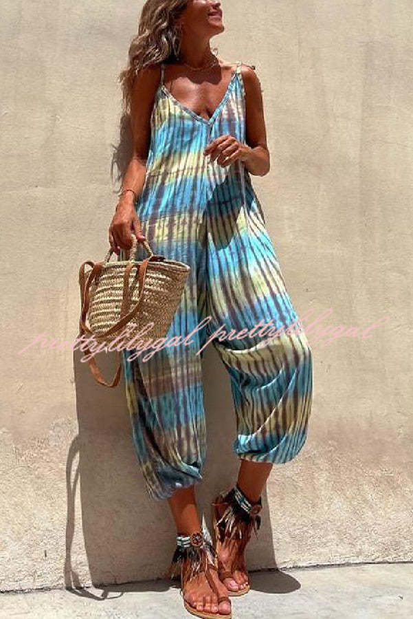 Brighton Beach Tie-dye Print Shoulder Tie Pocketed Loose Jumpsuit