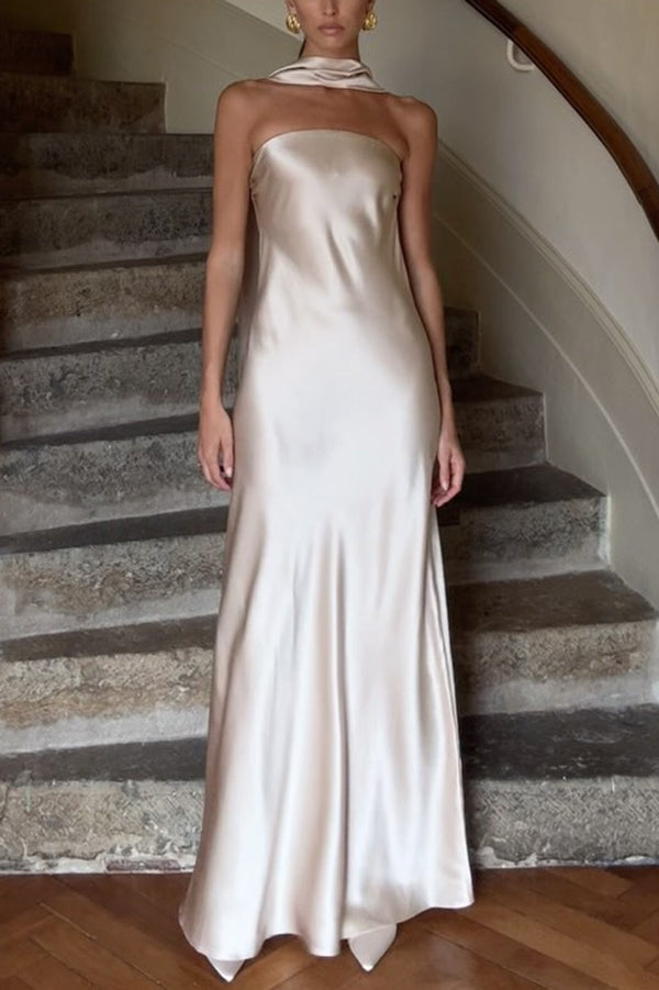 Satin Solid Color Elegant Strapless Slim Maxi Dress