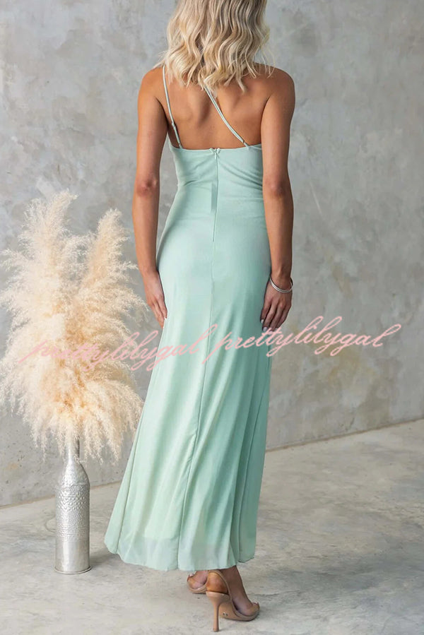 Fashion One-shoulder Pleated Sexy High Slit Slim Dress