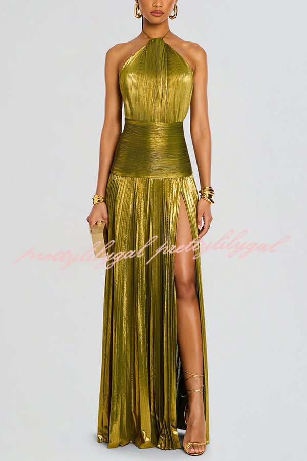 Metallic Halterneck Backless Pleated Waisted High-slit Maxi Dress