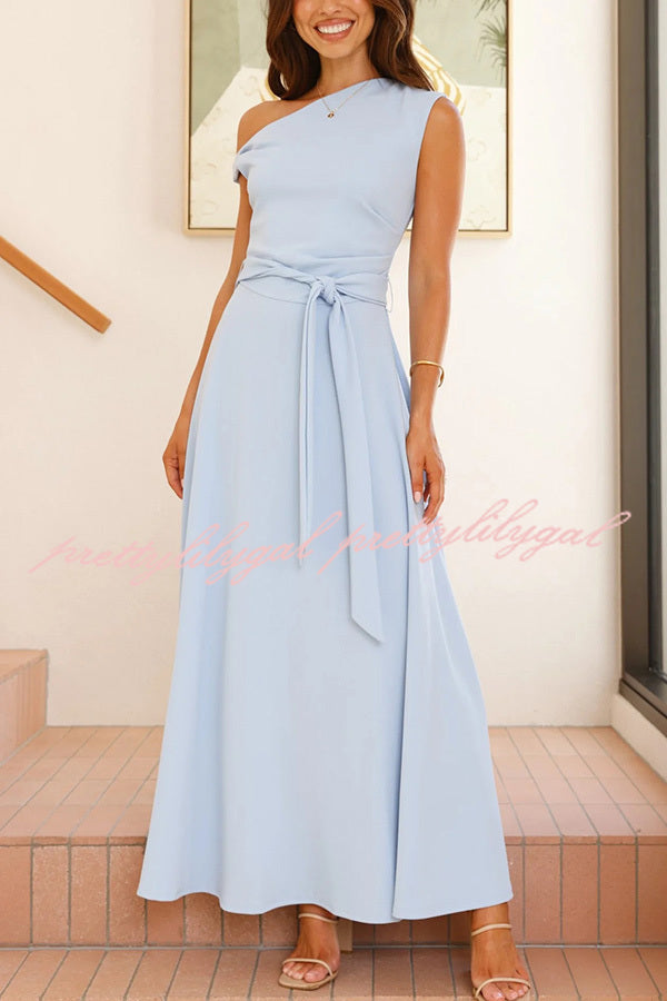 Solid Color Sloped Collar Slim Fit Waist Lace Up Full Hem Maxi Dress