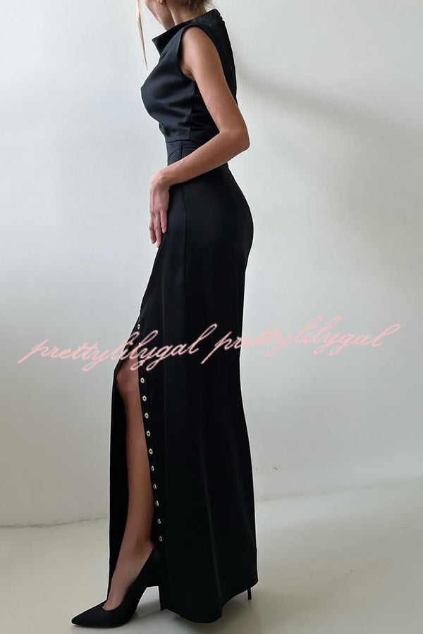 Solid Color Casual Sleeveless Crop Top and Elegant Button-down Maxi Skirt Set