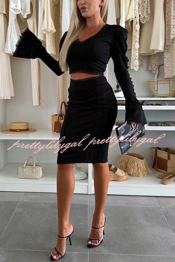 Career Beauty Lace Paneled Long Bell Sleeve Crop Top and High Rise Mini Skirt Set