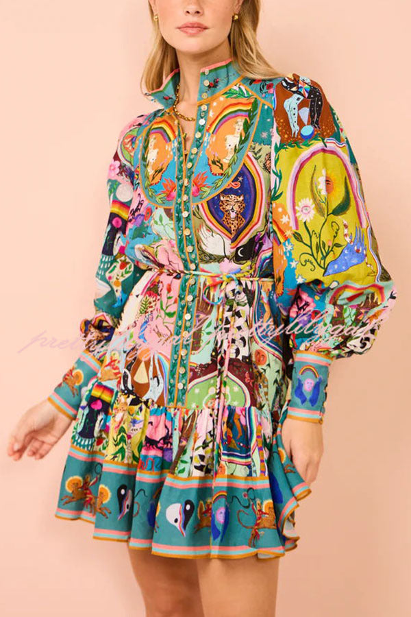 Touch of Luxury Unique Print Balloon Sleeve Button Shirt Mini Dress