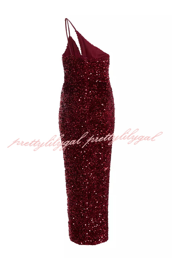 Glam Day Velvet Sequin One Shoulder Cutout Detail Slit Stretch Maxi Dress