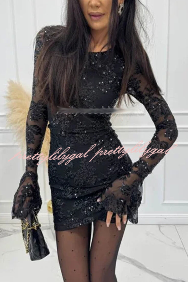 Deep and Dazzling Floral Texture Sequin Long Bell Sleeve Open Back Mini Dress