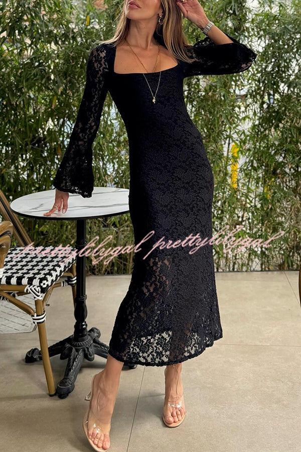 Luxe Lifestyle Lace Square Neck Bell Sleeve Lined Slit Midi Dress