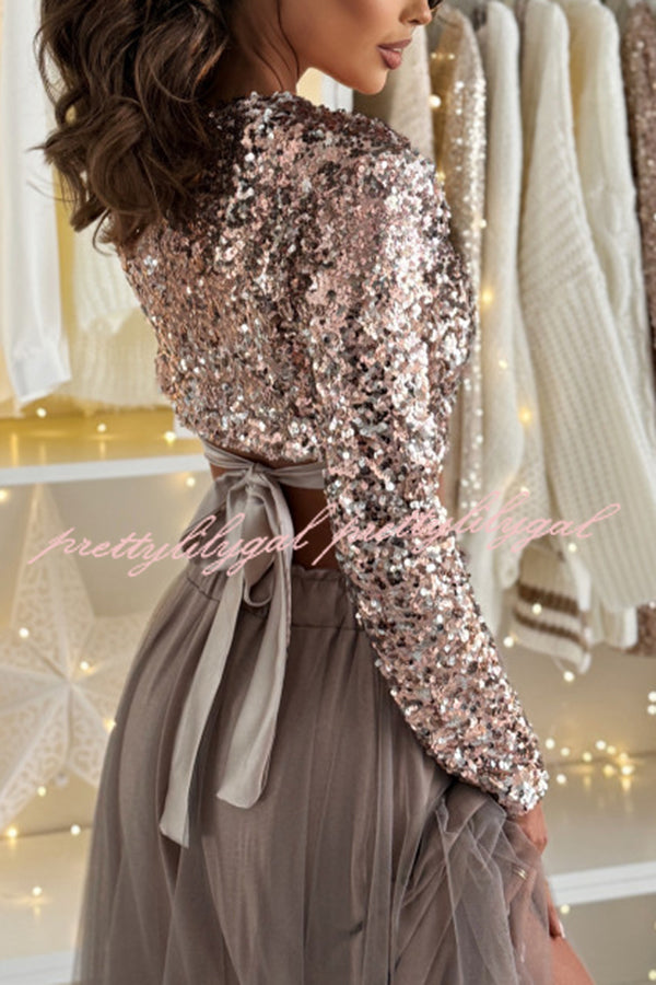 Holiday Party Sequin Long Sleeve Back Satin Tie-up Crop Top