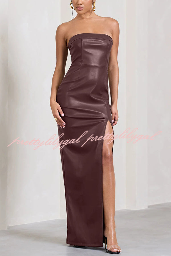 Sexy Meaning Faux Leather Strapless Bandeau Split Maxi Dress