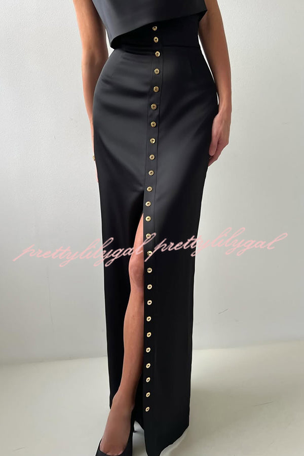Solid Color Casual Sleeveless Crop Top and Elegant Button-down Maxi Skirt Set