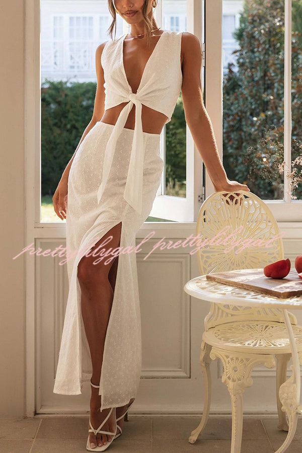 Solid Color Hollow Embroidery V-neck Lace-up Top and Slit Maxi Skirt Set