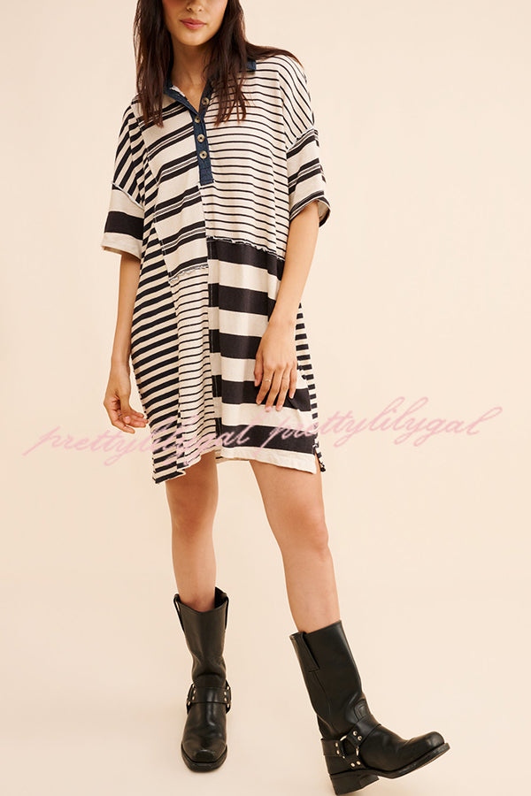 Contrast Striped Patchwork Denim Lapel Loose Casual Mini Dress