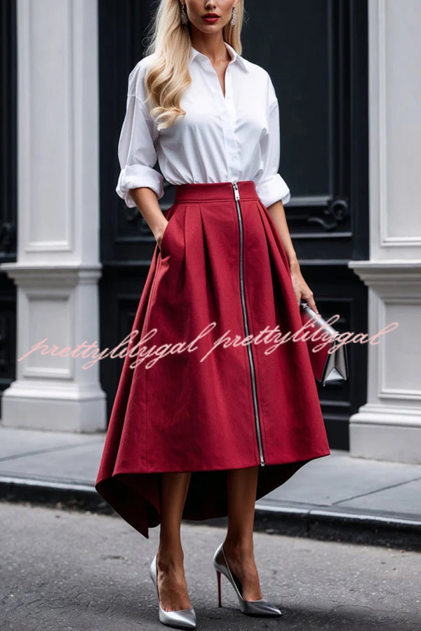Effortless Charm Front Zipper Detail Pocketed High Low Pleated Midi Skirt