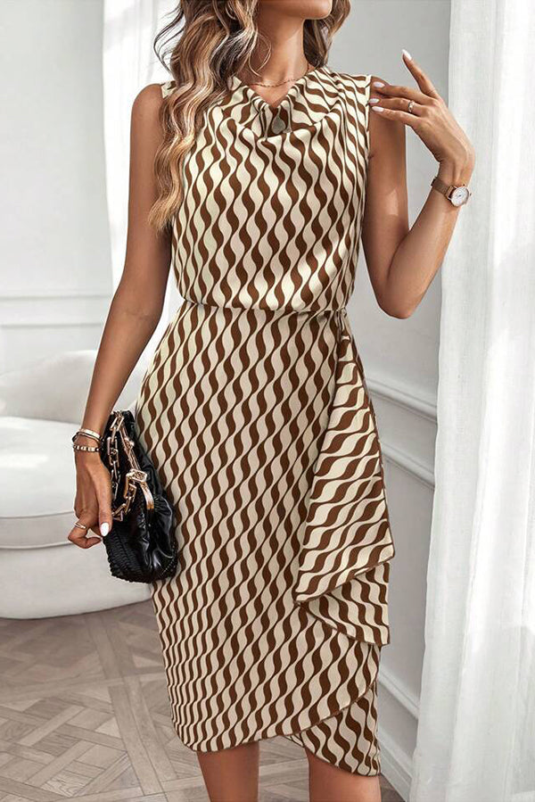 Unique Print Draped Front Neck Asymmetric Hem Mini Dress
