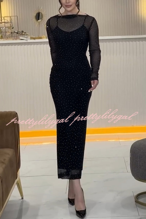 Raylene Mesh Diamond Glitter Fabric Long Sleeve Stretch Midi Dress