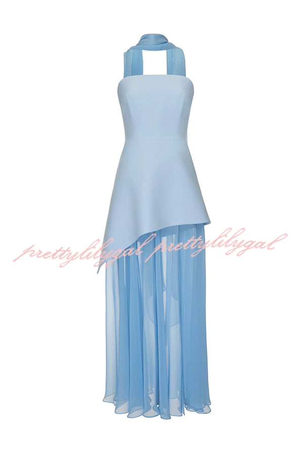 Monaco Off Shoulder Structured Top Chiffon Slit Hem Scarf Maxi Dress