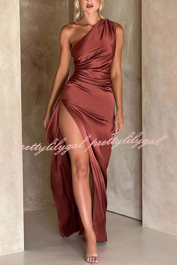 Fits Your Curves Satin One Shoulder Drape Slit Maxi Dress