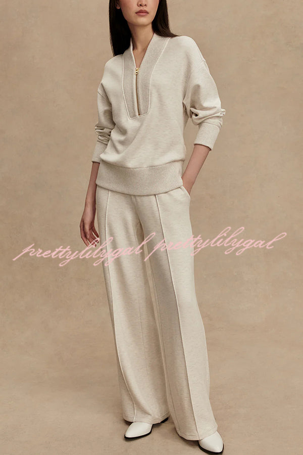 Meet The Autumn Ribbed Zipper Neck Sweatshirt and Elastic Waist Pocketed Loose Pants Set