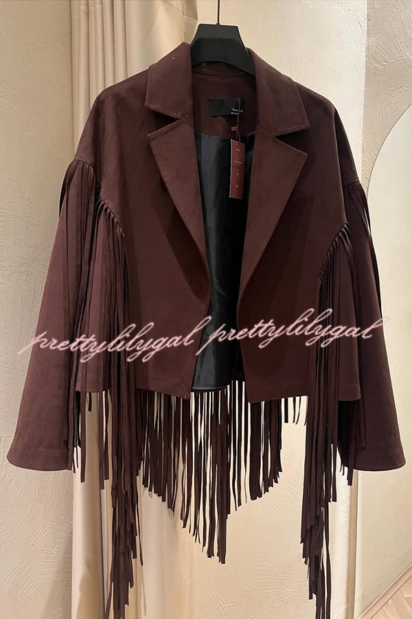 Western City Suede Long Tassels Long Sleeve Lapel Relaxed Jacket