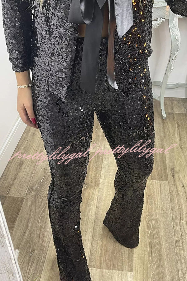 Holiday Cheer Sequin High Rise Elastic Waist Flared Stretch Pants