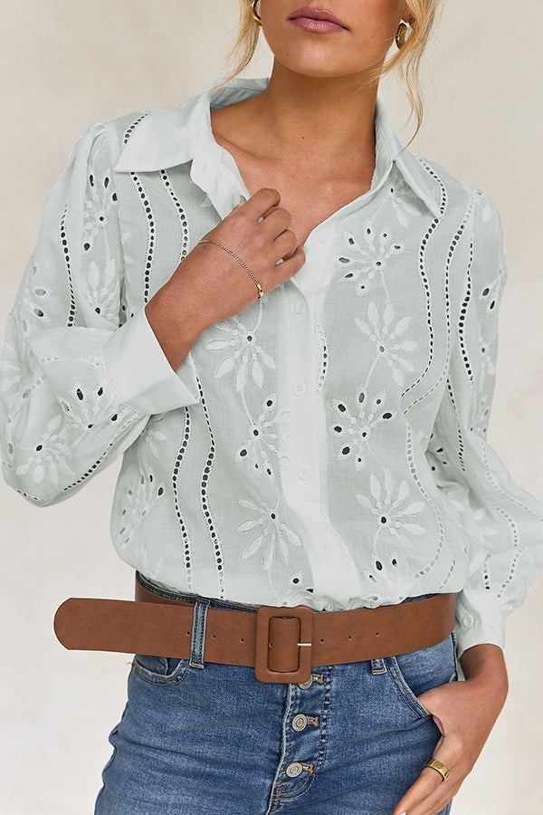 Fashion Hollow Puff Sleeve Casual Lapel Loose Shirt