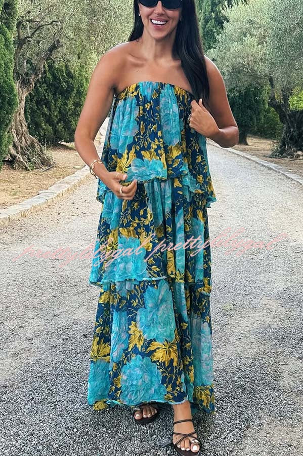 Cecily Contrast Floral Print Tiered Ruffles Strapless Maxi Dress