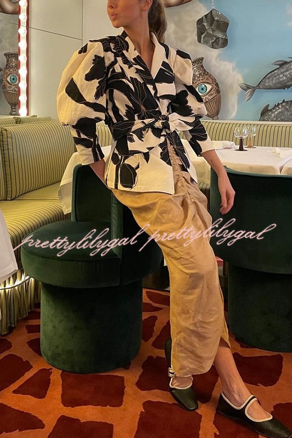 Sunny Sangria Unique Printed Puff Sleeve Waist Tie Lapel Jacket