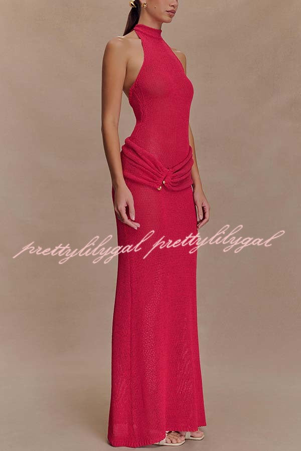 Quiet Confidence Knit Ruched Hip Halter Backless Stretch Maxi Dress
