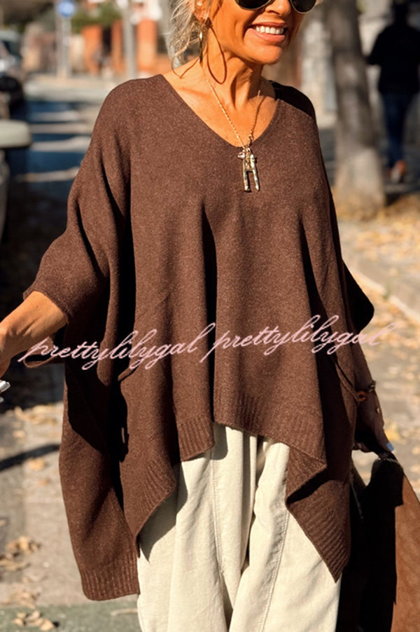 Fashion V-neck Loose Pocket Mid-length Knitted Sweater