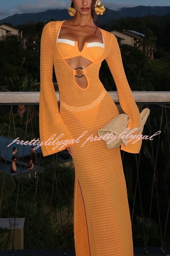 Seaside Goddess Crochet Knit Hollow Out Golden Ring Long Sleeve Cover-up Maxi Dress