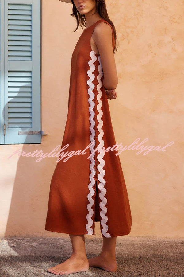 Vacation Villa Side Ric Rac Wave Trim Slit Loose Maxi Dress