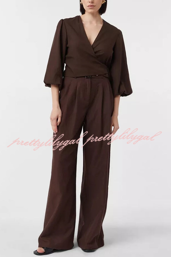 Lets Go Out Linen Blend Balloon Sleeve Wrap Tie-up Loose Top