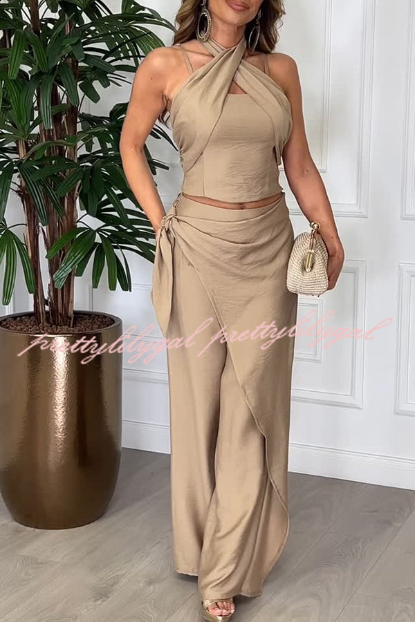 Kathy Linen Blend Cross Halter Smocked Top and Elastic Waist Wrap Tie-up Pants Set