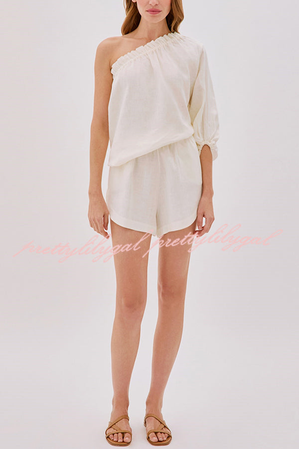 Chasing Comfort Linen Blend One Shoulder Top and Elastic Waist Pocket Shorts Set