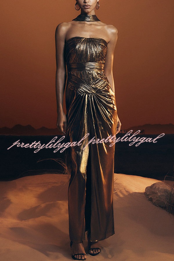 Clemence Plisse Metallic Fabric Reverse Halter Beck Strap Drape Slit Maxi Dress