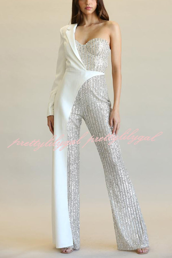 Fashionable Sequined Patchwork One-sided Long-sleeved Asymmetrical Jumpsuit