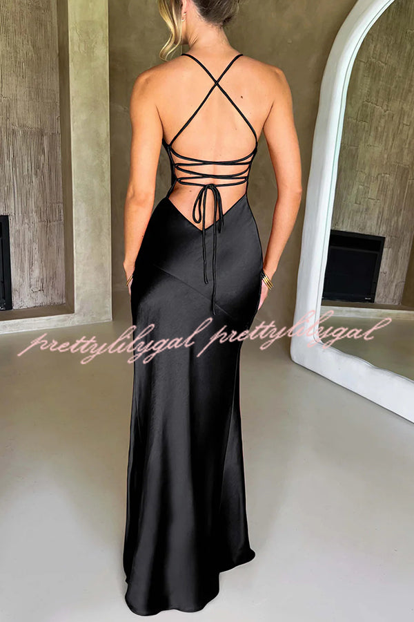 Satin Solid Color Sexy Backless Lace Up High Slit Maxi Dress