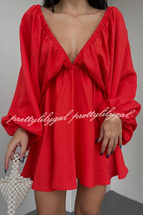 V Neck Puff Sleeve Solid Color Resort Style Mini Dress