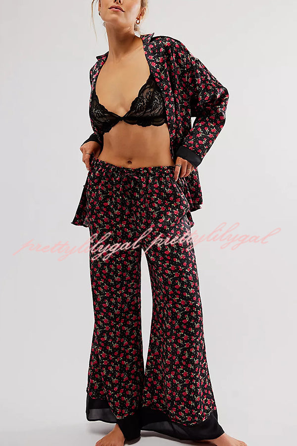 Unique Printed Lounge Long-sleeved Shirt and Elastic Waisted Baggy Pants Set