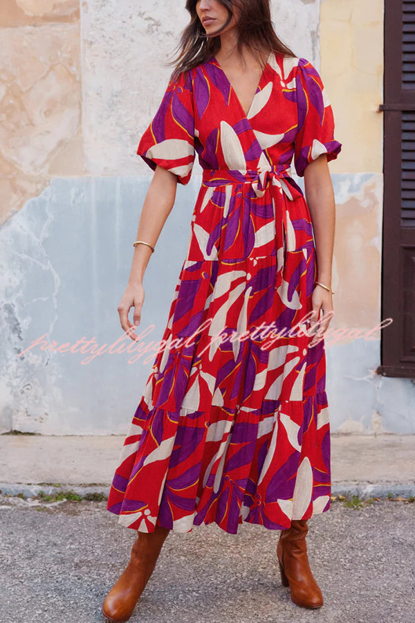 Unique Printed V-neck Puff Sleeves Tie Waist Midi Dress