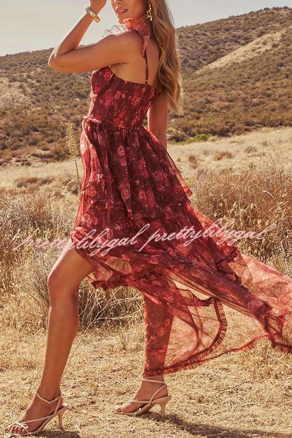 Romantic and Elegant Mesh Floral Back Smocked Tiered Ruffle Maxi Dress