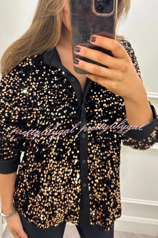 Fashion Velvet Sequined Loose Casual Long-sleeved Shirt