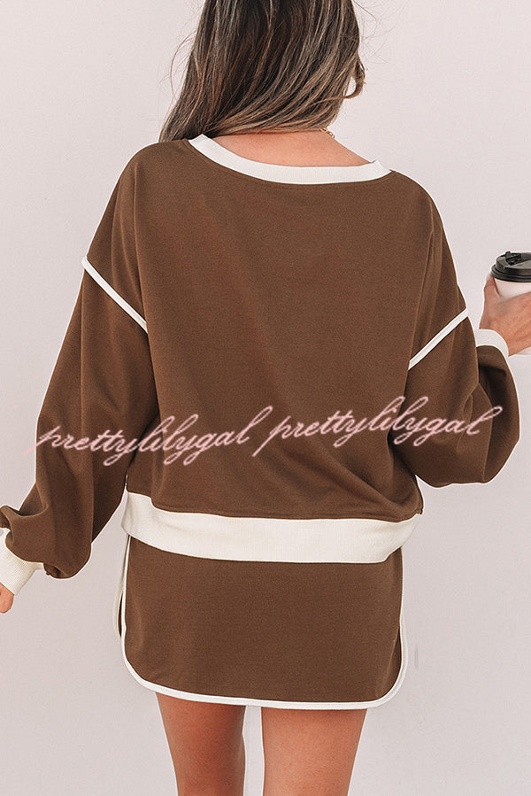 Fashion Round Neck Long Sleeve Spliced Casual Top and Elastic Waist Loose Shorts Set